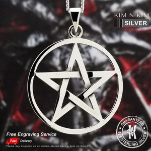 Large Pentagram Pentacle Pendant Necklace / Star / 48mm / Free Engraving / 925 Sterling Silver / Solid / Quality - KimnKim