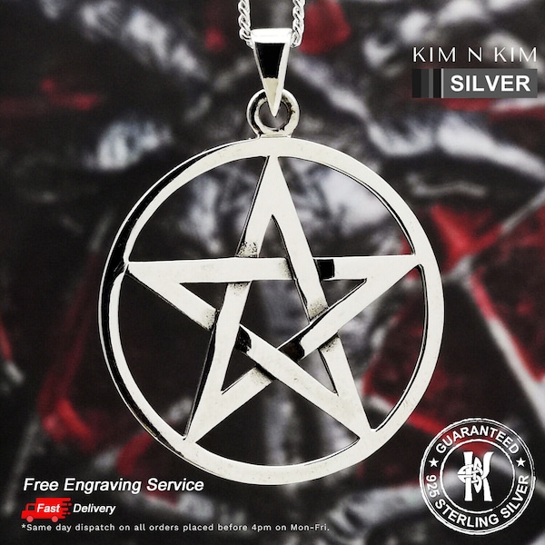 Large Pentagram Pentacle Pendant Necklace / Star / 48mm / Free Engraving / 925 Sterling Silver / Solid / Quality - KimnKim