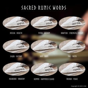 May include: A collection of nine silver-toned arrowheads, each engraved with a unique runic symbol and corresponding English word. The text SACRED RUNIC WORDS appears at the top, with labels including HEILSA-HEALTH, VISKA-WISDOM, KRAFTUR-STRENGTH, ENERGY, SIGUR-VICTORY, VON-HOPE, TRU-FAITH, HUGREKKI-BRAVERY, HEPPNI-HAPPINESS (LUCK), and FRIDUR-PEACE.