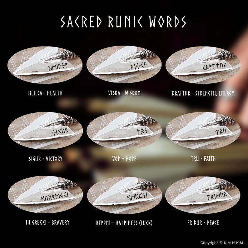 May include: A collection of nine silver-toned arrowheads, each engraved with a unique runic symbol and corresponding English word. The text SACRED RUNIC WORDS appears at the top, with labels including HEILSA-HEALTH, VISKA-WISDOM, KRAFTUR-STRENGTH, ENERGY, SIGUR-VICTORY, VON-HOPE, TRU-FAITH, HUGREKKI-BRAVERY, HEPPNI-HAPPINESS (LUCK), and FRIDUR-PEACE.