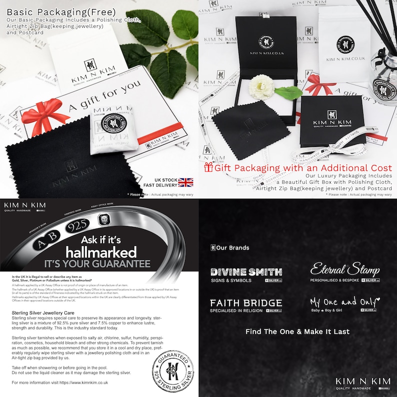 May include: A close-up of a silver ring with the words "Ask if it's hallmarked" and "It's your guarantee" printed on the band. The ring is surrounded by a white background with the words "Kim N Kim" and "Quality Handmade" printed on it.