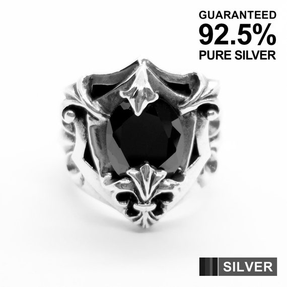 正規 925 Sterling Silver Fleur De Lys With Black CZ Signet Heavy アクセサリー