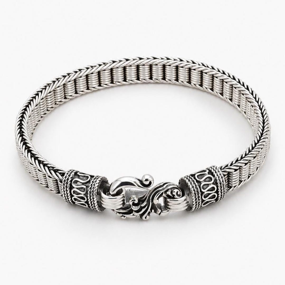 Oxidised Sterling Silver Rope Link Bracelet - Unisex Bali Design