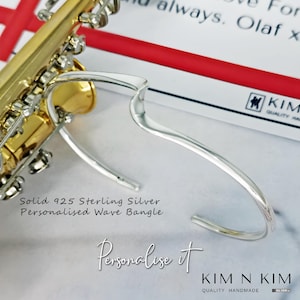 Personalised Wave Bangle Bracelet, Silver Wave Bangle Bracelet, Adjustable Wave Bangle, Birthday Gift, Gift for her - KIMNKIM