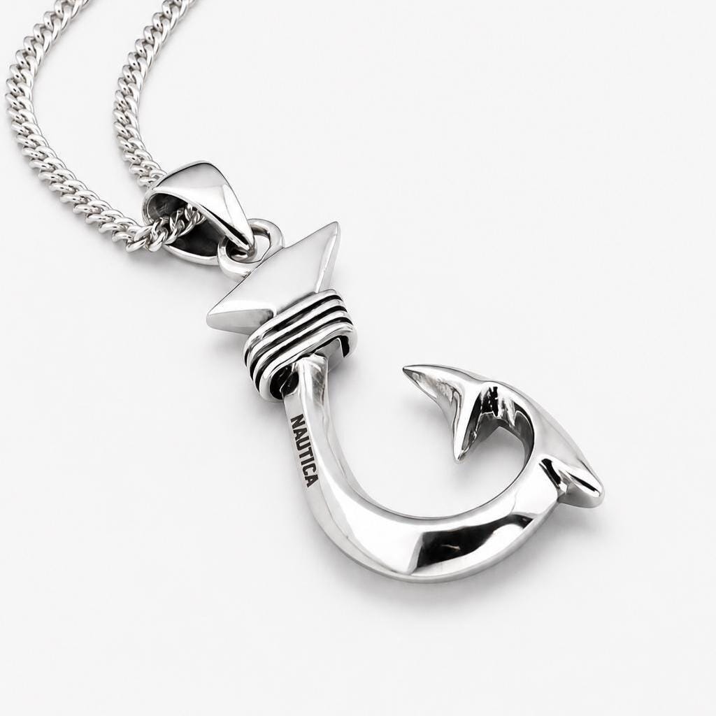 Sterling Silver Fish Hook Pendant Necklace: Nautical Jewelry Gift