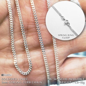May include: A silver curb chain necklace featuring 2mm soldered links and a spring ring clasp. The chain is available in lengths from 16 to 34 inches with a weight range of 4.6 to 10 grams. The metal is marked as silver 925.