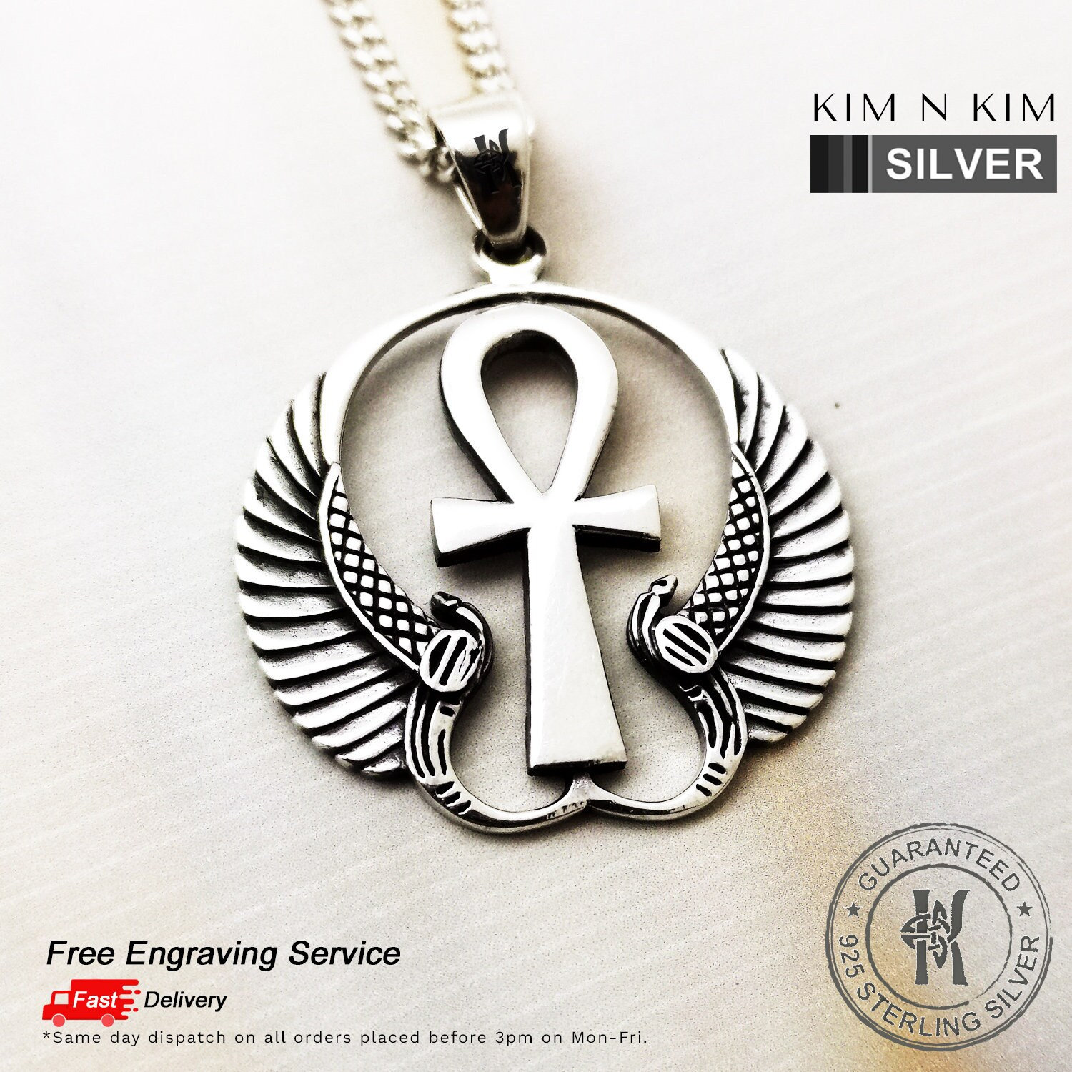Sterling Silver Ankh Cross Pendant Necklace: Wings of Isis
