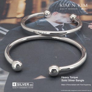 Sterling Silver Plain Torque Bangle, Personalised 925 Solid Silver Bracelet, Hand-finished in London, UK Hallmarked Mens Luxury Gift