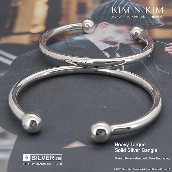 Sterling Silver Plain Torque Bangle, Personalised 925 Solid Silver Bracelet, Hand-finished in London, UK Hallmarked Mens Luxury Gift