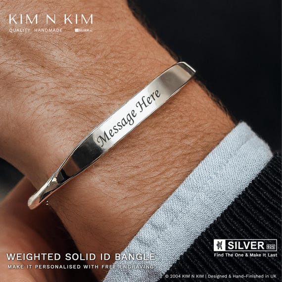 Personalised 925 Sterling Silver ID Cuff Bangle, UK Hallmarked Premium Mens Bracelet, Engraved Luxury Jewellery Gift for Him, Made in UK