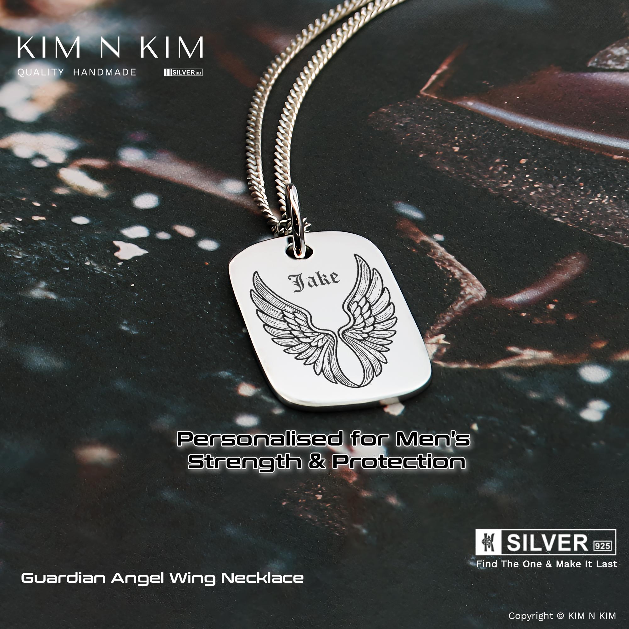 Sterling Silver Guardian Angel Wing Necklace - Personalised Men's