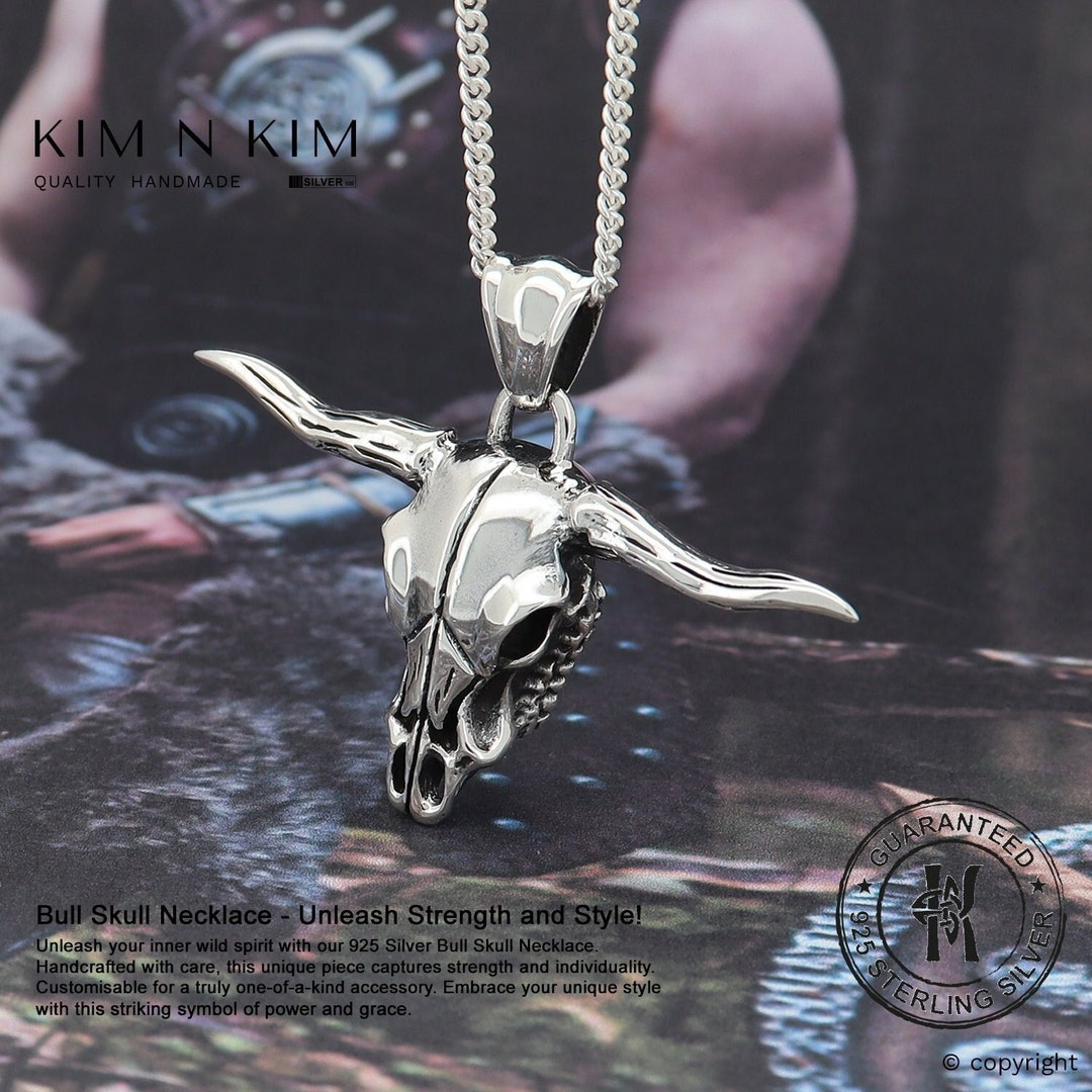 Oxidized Sterling Silver Bull Skull Pendant Necklace: Handmade