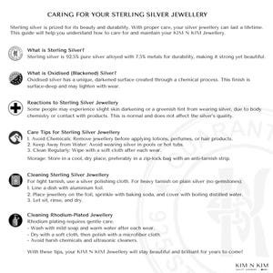 May include: An informational document titled Caring for Your Sterling Silver Jewellery. It provides guidance on maintaining silver and rhodium-plated items, including definitions of sterling and oxidised silver, reactions, care tips, and cleaning methods.