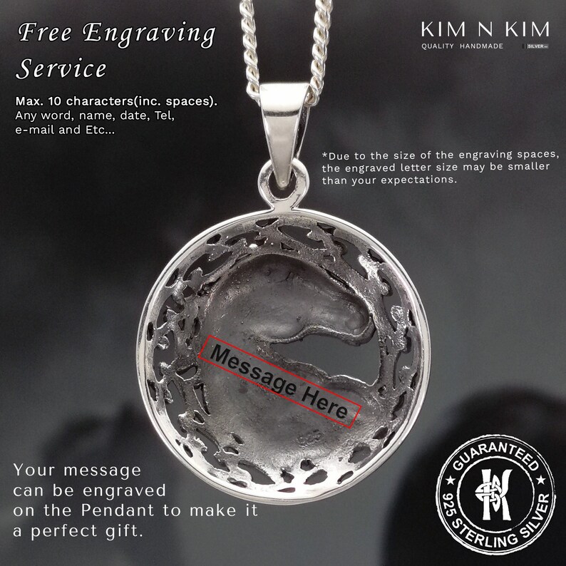 May include: A silver pendant necklace with a circular design. The pendant has an open space in the center where a message can be engraved. The text "Message Here" is written in the open space. The necklace is made of 925 sterling silver and comes with a guarantee.