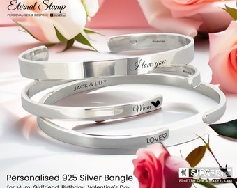 Personalised 925 Silver Bangle for Mum, Girlfriend, Birthday, Valentine's Day, Christmas and Friendship, 925 Silver Cuff Open Bangle-KIMNKIM