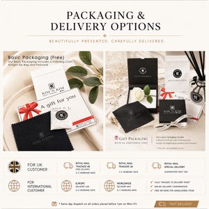 May include: An informational graphic titled PACKAGING & DELIVERY OPTIONS displaying two sets of jewelry packaging. The left side shows basic packaging with a postcard, polishing cloth, and bag. The right side shows a gift box, cloth, and bag.