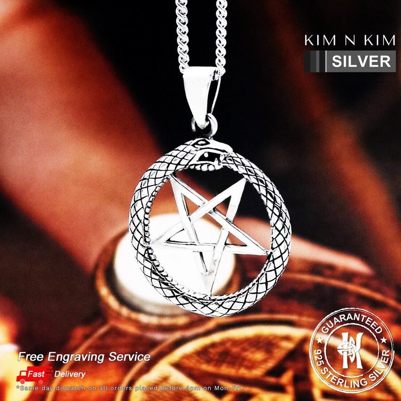 Ouroboros Snake Inverted Pentacle Pentagram Pendant Necklace / Star / Free Engraving / 925 Sterling Silver / Solid / Quality KimnKim image 1