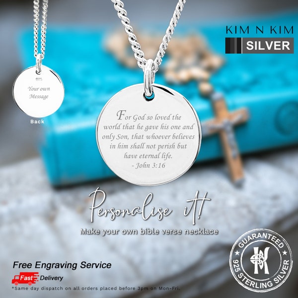 Bible Verse Pendant Necklace /Christian /Catholic /Bible Lover Gift /Thick & Solid Disc /Personalised /925 Sterling Silver /Quality- KimnKim