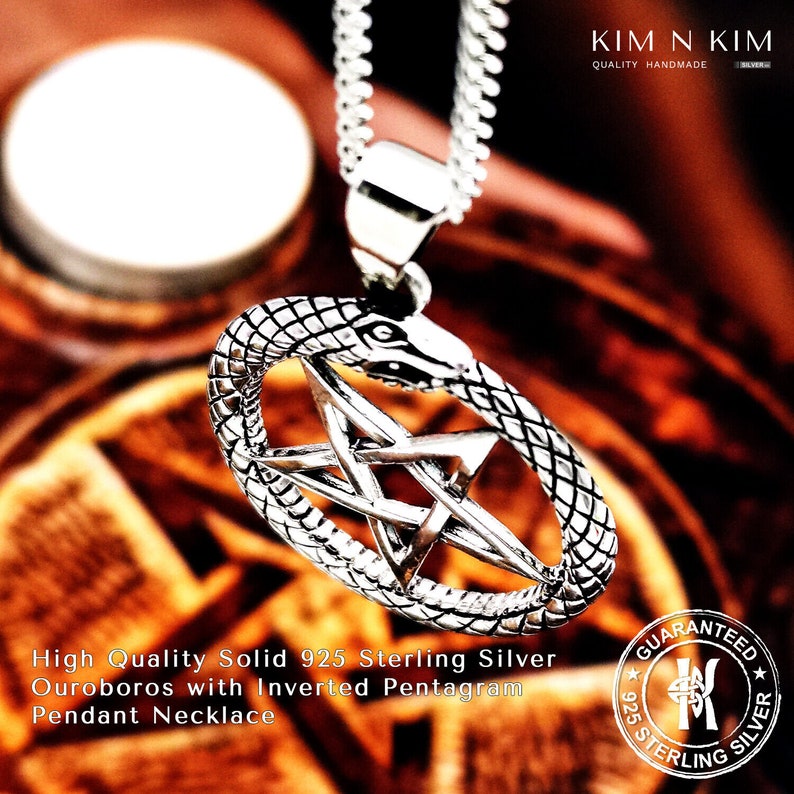 Ouroboros Snake Inverted Pentacle Pentagram Pendant Necklace / Star / Free Engraving / 925 Sterling Silver / Solid / Quality KimnKim image 3