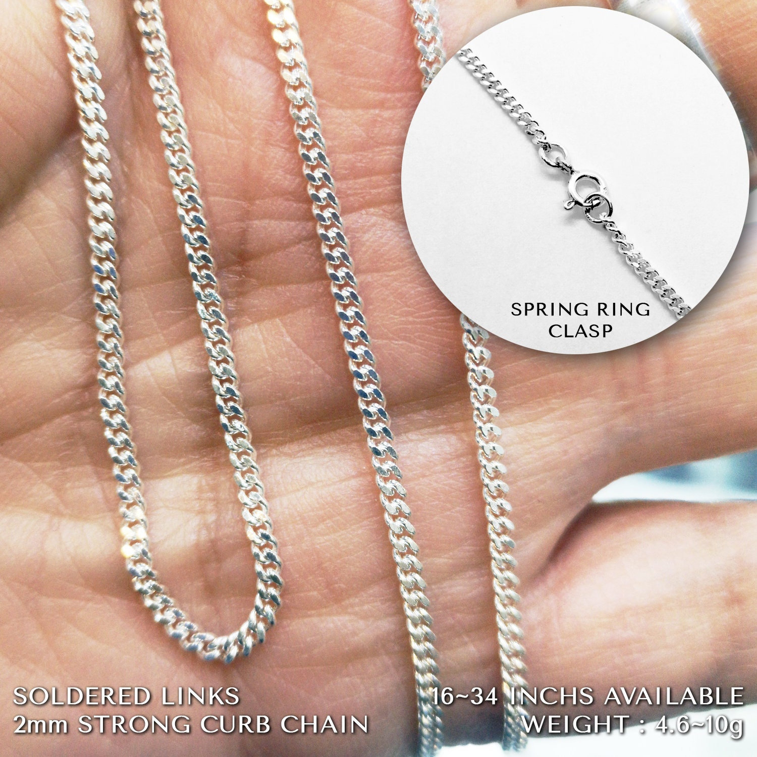 925 Sterling Silver 16 34 Inch 2mm Wide Strong Curb Chain Necklace