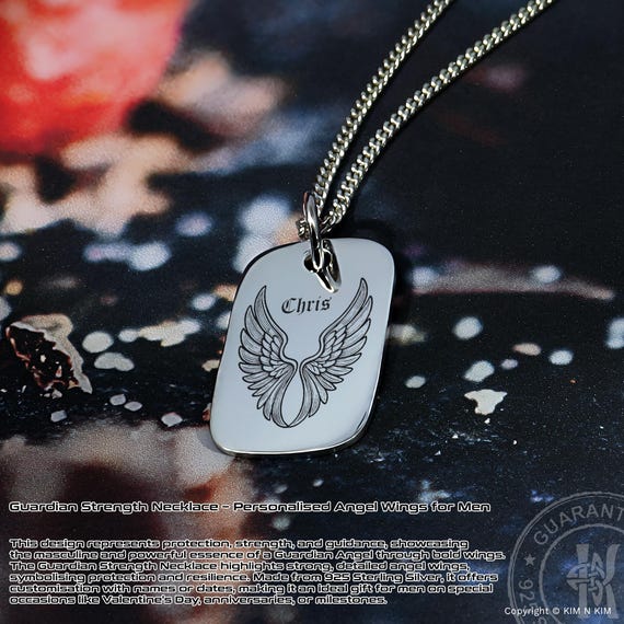 Sterling Silver Guardian Angel Wing Necklace - Personalised Men's
