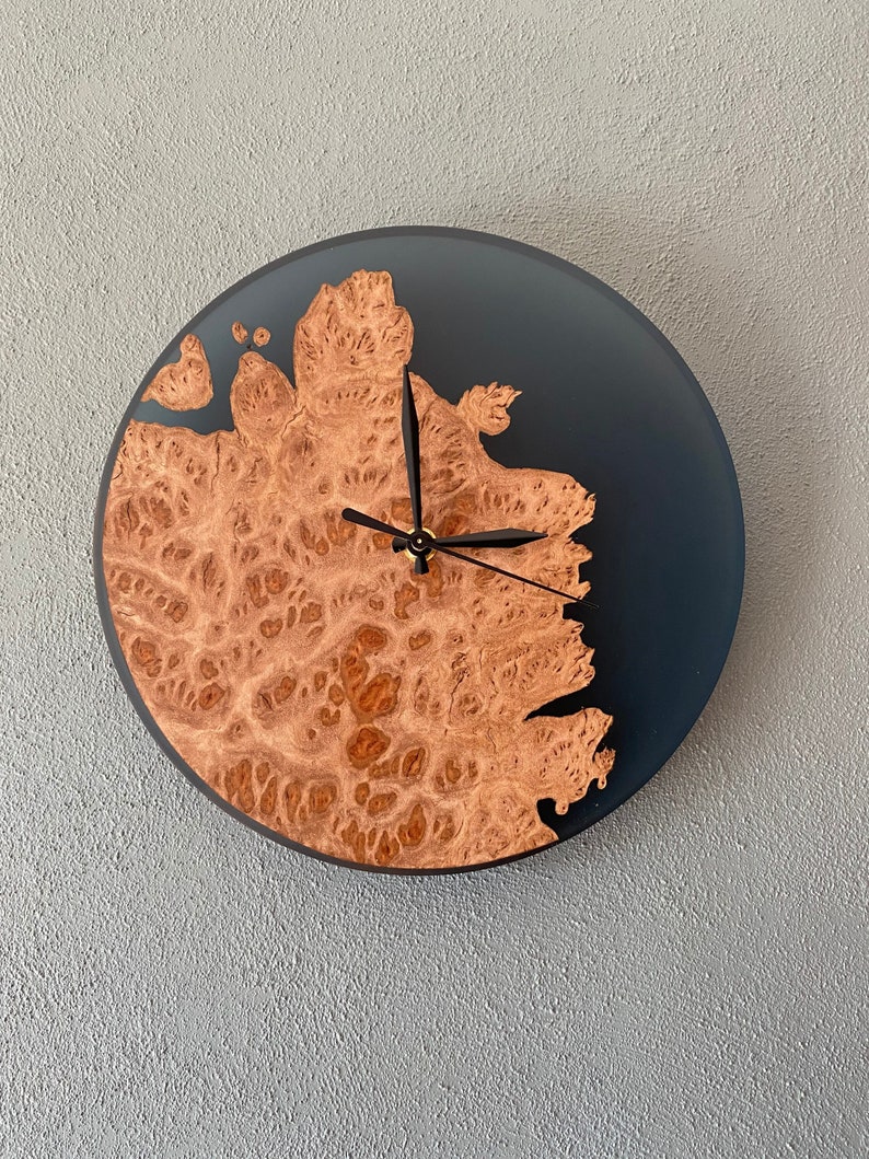 Epoxy resin and Burl wood clock, shops handmade with Australian Coolibah wood, one of a kind; a perfect gift for any occasion. Canadian made.