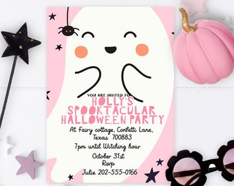 Bewerkbare Kids Halloween uitnodiging, grillige Halloween Party uitnodiging, Boho Halloween verjaardagsuitnodiging, Instant download, Girly, 024