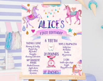 May include: A pink and purple first birthday sign with a unicorn theme. The sign includes the name "Alice's" and details about the child's age, weight, height, and favorite things. The sign is decorated with rainbows, stars, and glitter.