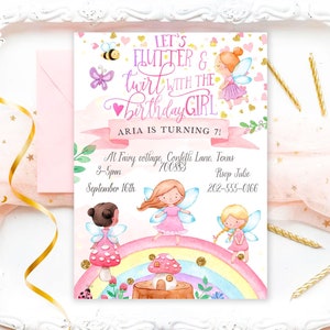 Bewerkbare Fairy verjaardagsuitnodiging, Fairy Princess verjaardag uitnodigen sjabloon, betoverde grillige magische, INSTANT DOWNLOAD Corjl 017