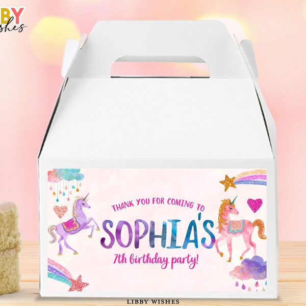 Editable Unicorn Birthday Party Gable Box Favor Label Unicorn Gift Box Labels Girl Pink Thank you favor Unicorn Download Printable Corjl 103