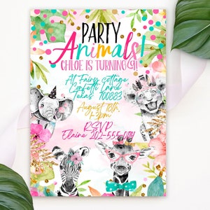 Bewerkbare feestdieren verjaardagsuitnodiging, Zoo Safari dieren uitnodigen, Wild One dieren uitnodiging, afdrukbare sjabloon downloaden, Corjl 019