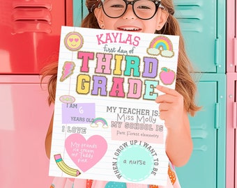 May include: A colorful printable sign for a child's first day of third grade. The sign features the words "Kaylas first day of THIRD GRADE" in rainbow colors with glitter accents. The sign also includes space to write the child's age, favorite things, and future aspirations.