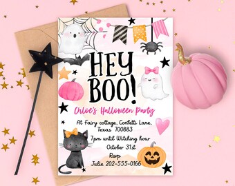 May include: A pink and white Halloween party invitation featuring a black cat, ghosts, and pumpkins. The text reads "Hey Boo! Chloe's Halloween Party" with details about the party, including the date, time, and location.