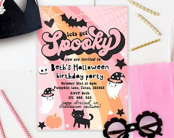 Redigerbar Halloween rosa spökfödelsedagsinbjudan, Retro Halloween, Flickigt söt födelsedagsfest, Halloweenfest direktnedladdning, Corjl 027