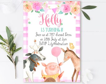 Editable Farm Birthday Invitation, Girls Party, Farm Animals, Pink farm birthday, Instant Download, Printable, Digital Editable, Corjl 786