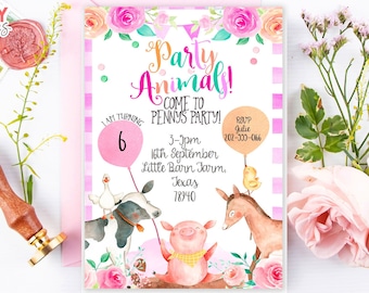 Girl Farm birthday invitation, EDITABLE Floral Farm Animals Invite, Farm invite, Pink Barnyard party printables, Instant download 012