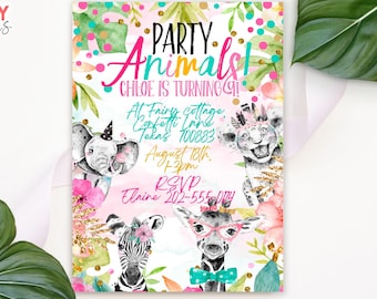 Invitación de cumpleaños de animales de fiesta editable, invitación de animales de Safari del zoológico, invitación de animales salvajes, descargar plantilla imprimible, Corjl 019