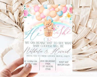 Editable Gender Reveal Invitation Watercolor Teddy Bear with Balloons Baby Boy Or Girl He Or She Boho Instant Download Printable Corjl 137
