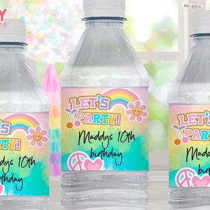 Editable Water Bottle Labels  Party Decor Girl tween  Retro groovy Birthday Tie dye Labels Y&quot;K Printable Template Editable in Corjl 010
