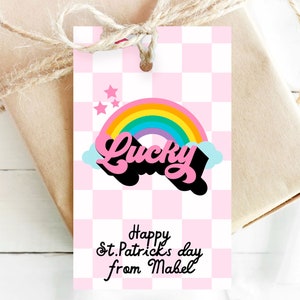 St. Patricks Day Groovy Retro Geschenkanhänger, bearbeitbarer Regenbogen St. Patrick Tag Geschenkanhänger, St. Patrick Tag Kinder druckbare Instant Corjl 084