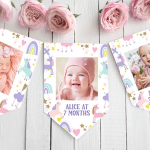Primer cumpleaños Banner Mensual Foto Banner Cumpleaños Editable Chica Unicornio Fiesta Decoraciones Cumpleaños Unicornio Fiesta Decoración Imprimible Corjl 104