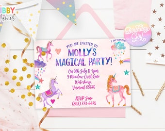 Editable Unicorn Birthday Invitation, Magical Party Invite, Unicorn Birthday Invitation, Unicorn Party Girls Party Download Corjl 103