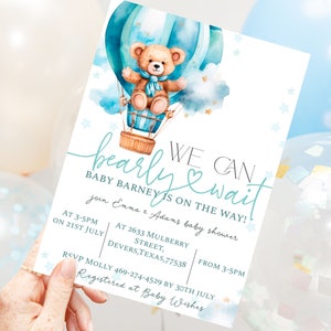 Editable Teddy Bear Hot Air Balloon Baby Boy Bear Theme Baby Shower Invitation We Can Bearly Wait Invites Instant Download  Corjl 105