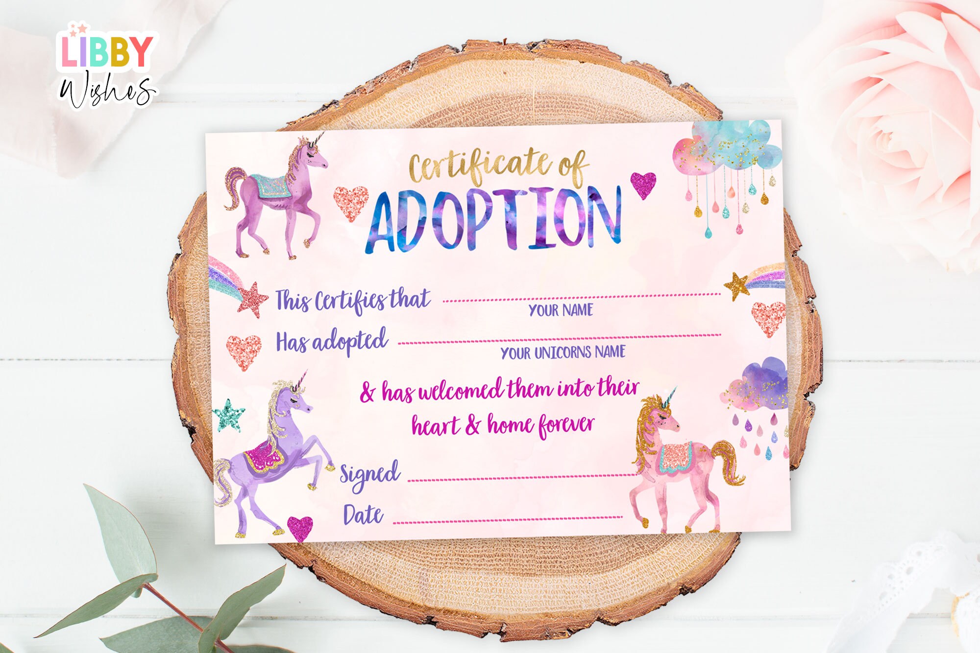Adopt a Unicorn Certificate Unicorn Adoption Birthday Party Magical ...