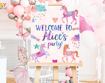 Bearbeitbares Einhorn Willkommen Party Zeichen Einhorn Geburtstag Türschild Mädchen Party Thema Magische Geburtstagsparty Rosa Vorlage DRUCKBARE Corjl 103