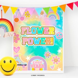 Flower power table Sign Tie Dye Rainbow Birthday Party File Birthday Sign, Patch party Birthday Decor, template Corjl PRINTABLE 010