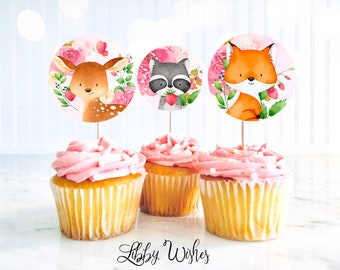 Festdjur Cupcake Toppers Presentetiketter Födelsedagsfestdekoration Skogsdjur Skogssöt Akvarell nedladdning Digitalt UTSKRIVBAR 781