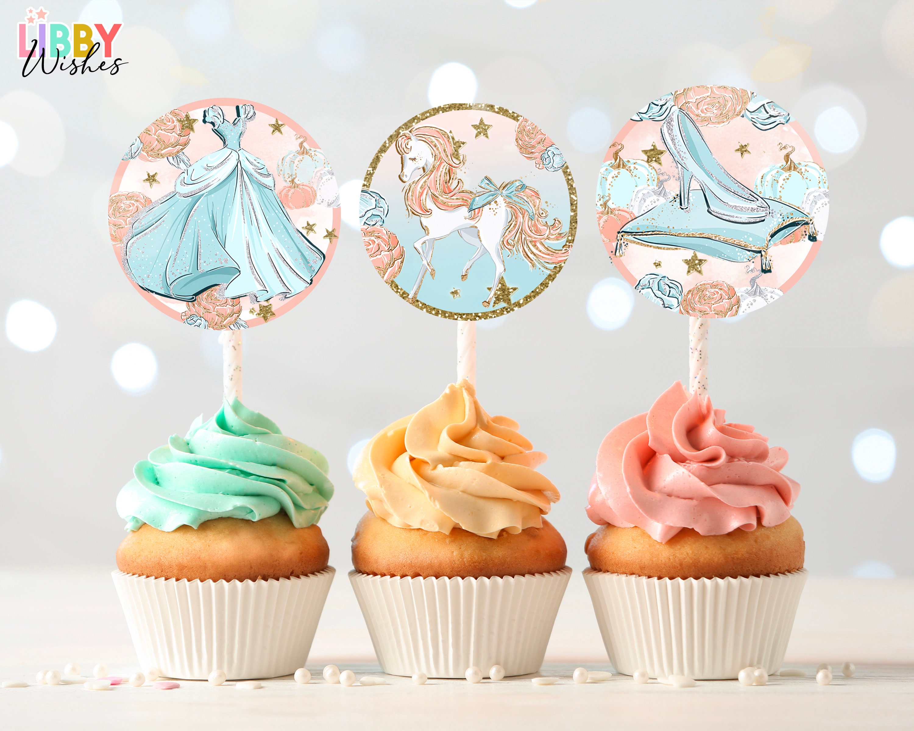 Princess Birthday Cupcake Toppers Cinderella toppers Favor Tags Princess Party Princess Decor Cricit Download Digital
