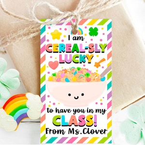 Etiqueta de bolsa do dia de São Patrício para impressão Etiqueta de presente de São Patrício para alunos Etiqueta de lembrancinha de cereal Lucky Charm, etiqueta de sala de aula, editável Canva 176