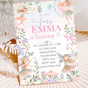 Bewerkbare Fairy verjaardagsuitnodiging sjabloon betoverde grillige uitnodigen bloemen magische meisjes Pixie Princess Party Instant Download Canva 148